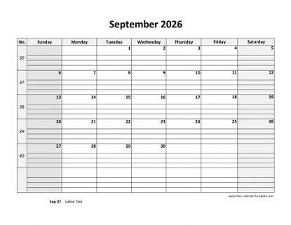 september 2026 calendar daygrid horizontal