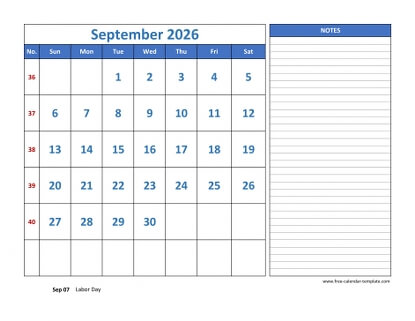 september 2026 calendar largenotes horizontal