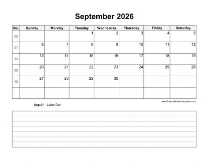 september 2026 calendar notes horizontal