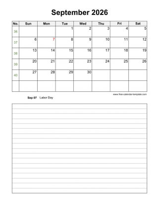 september 2026 calendar notes vertical