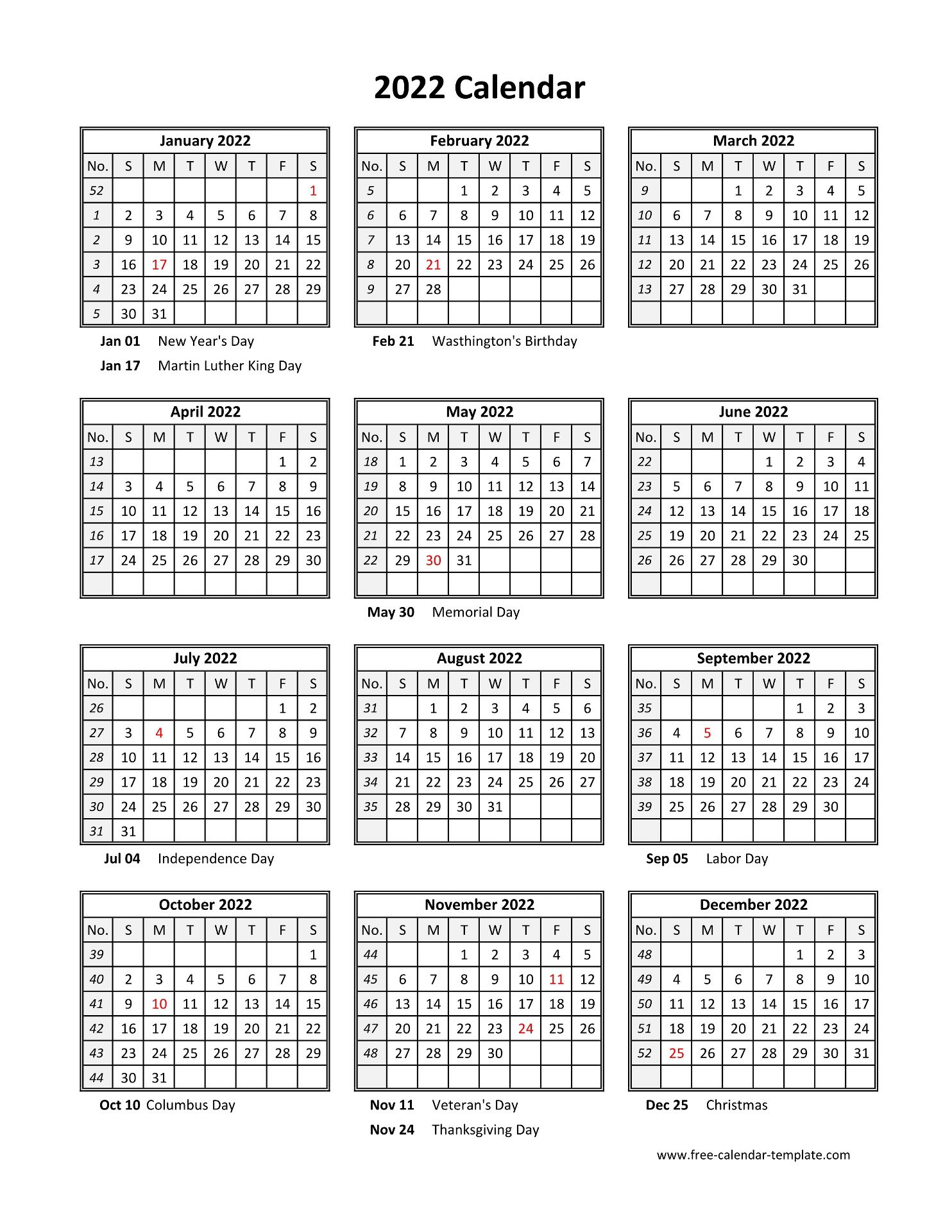 2022 Calendar Template