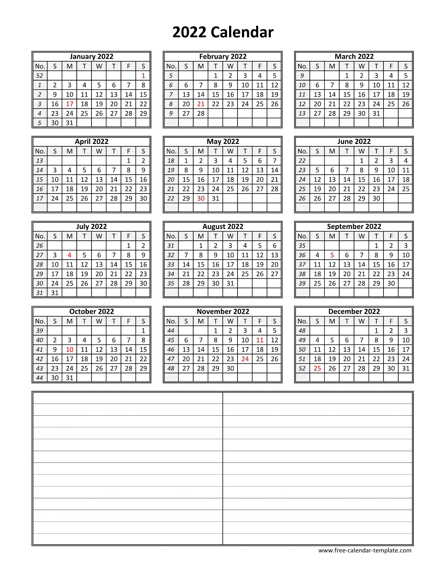 Printable Yearly Calendar 2022 Free calendar template