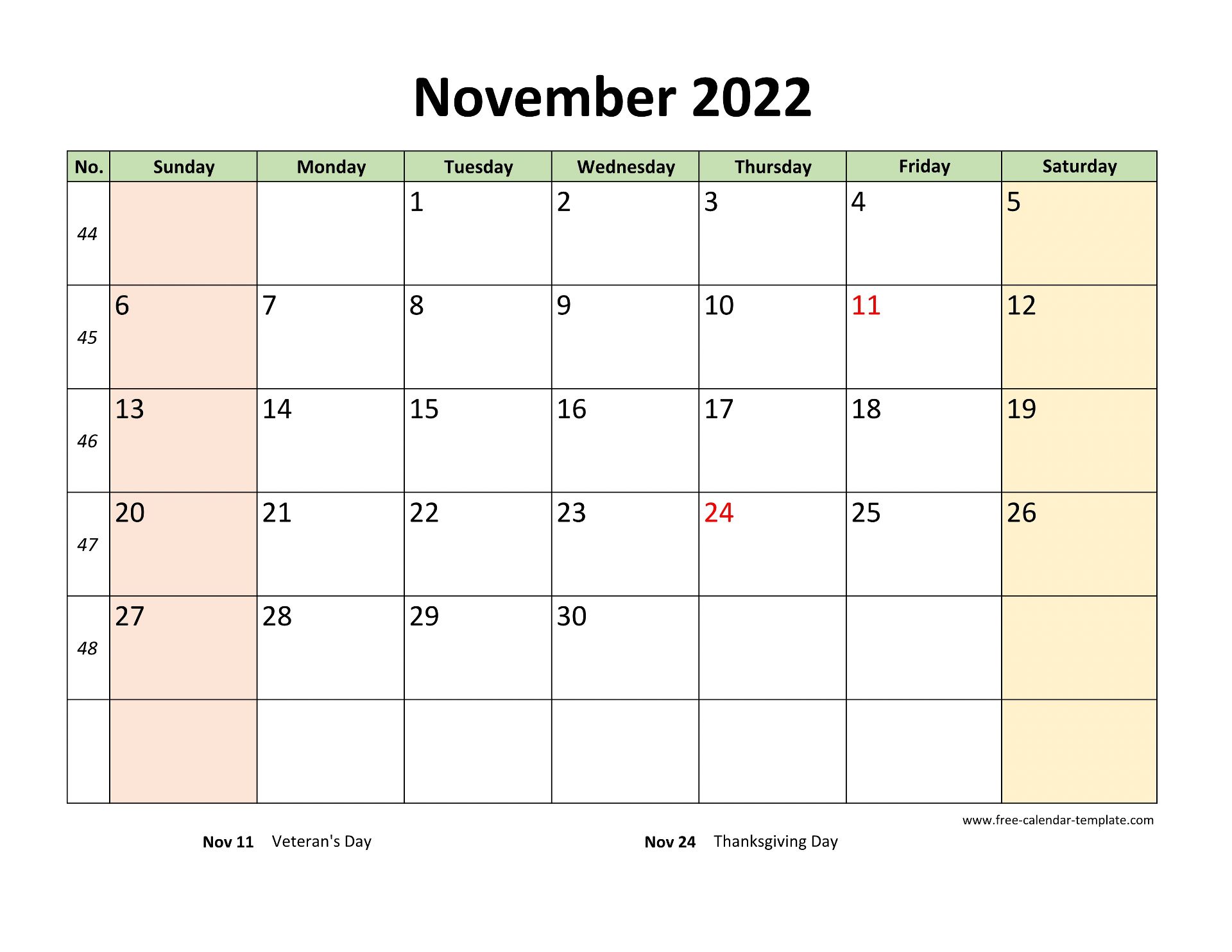 Free Printable November 2022 Calendar With Holidays As Word Pdf ZOHAL