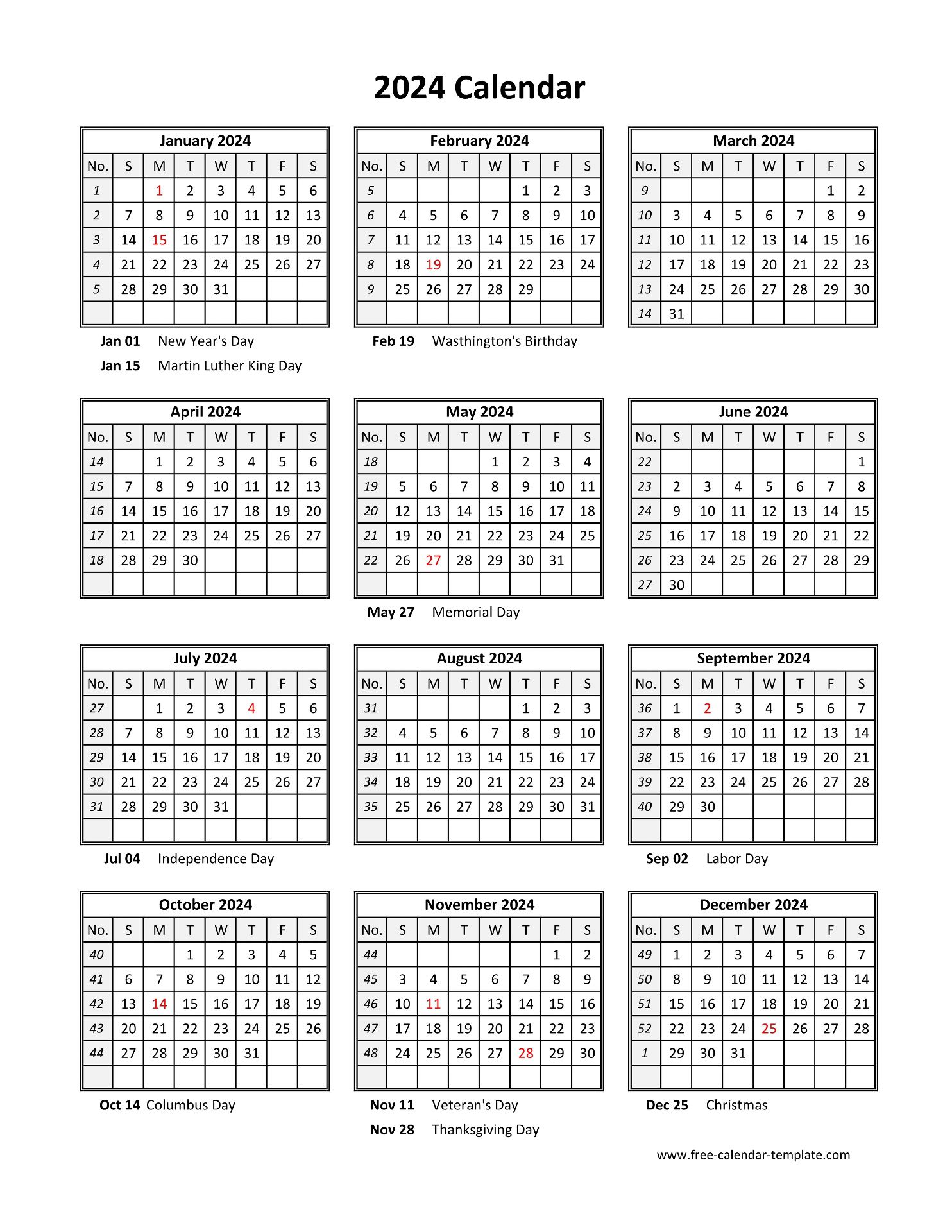 Printable Yearly Calendar 2024 Free calendar template
