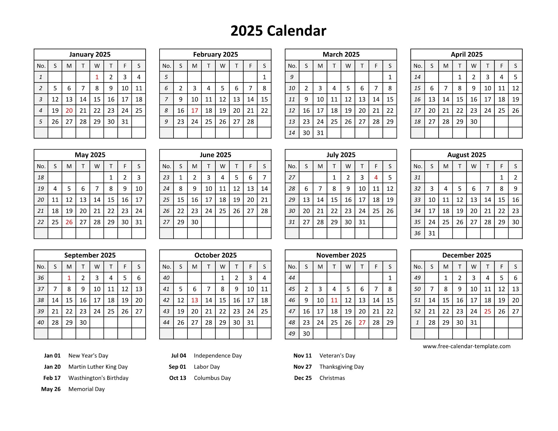 Free Printable 2025 Calendar With Holidays Excelity Salary Ellyn Camellia